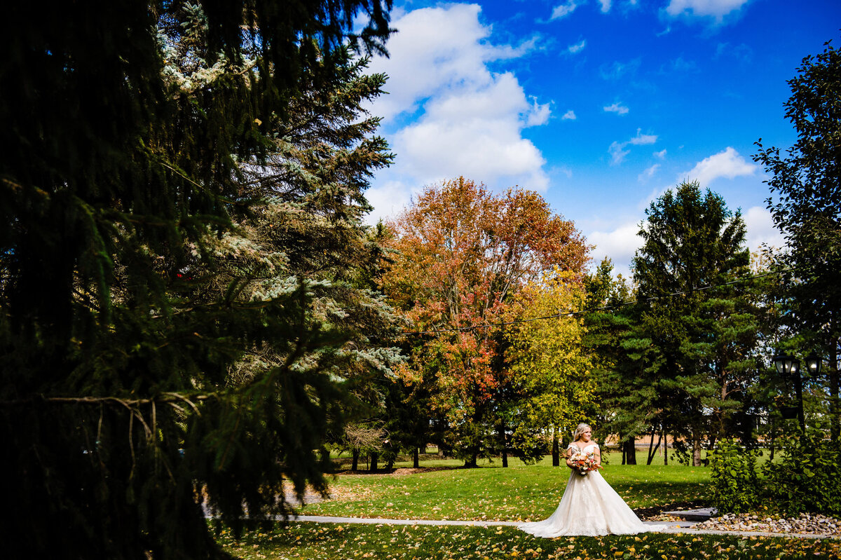 a full length photo of a bride holding a fall bouquet surrounded by fall coloured trees and a big blue sky