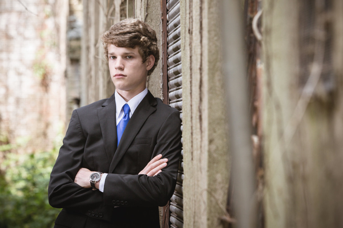 Senior photo of Garrett Wages in downtown Mobile, Alabama.