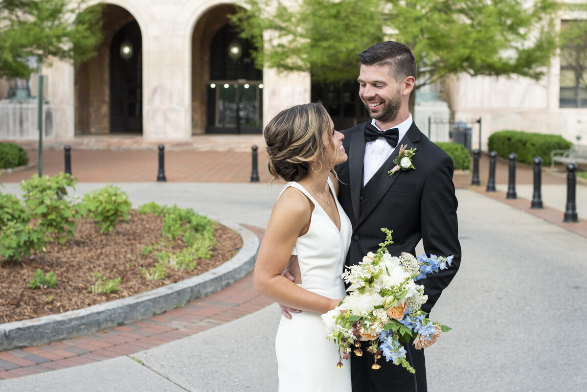 Couple looking at each other at Century Room on the Park Asheville wedding
