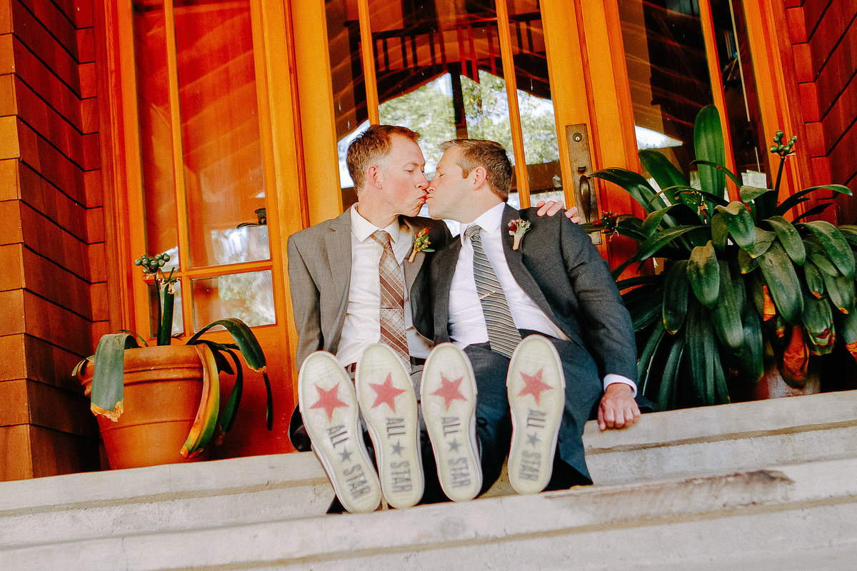 A same sex couple on their wedding day at Atwood Ranch in Napa