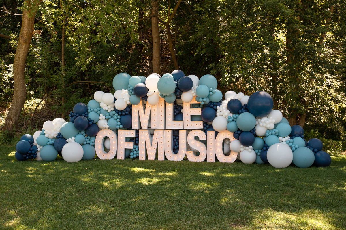 Giant outdoor blue and white balloon installation