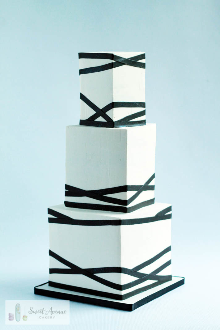 geometric white square wedding cake with black stripes, Hamilton ON wedding cakes