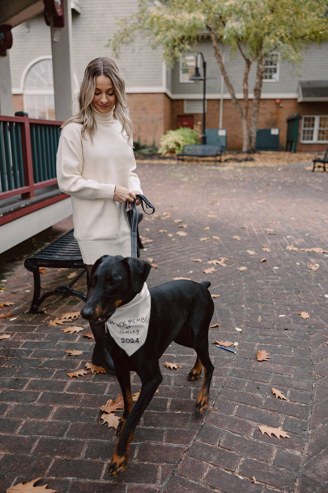 Woman with dog wearing white scarf for pregnancy announcement photos in Finger Lakes New York