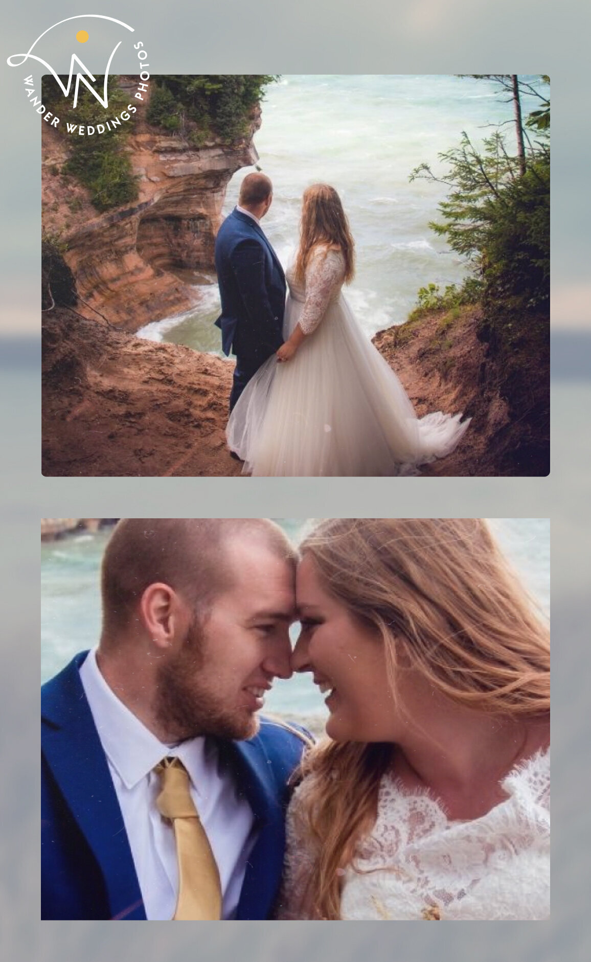 Two images of a happily married couple in their dress and suit by a rocky lakeshore.