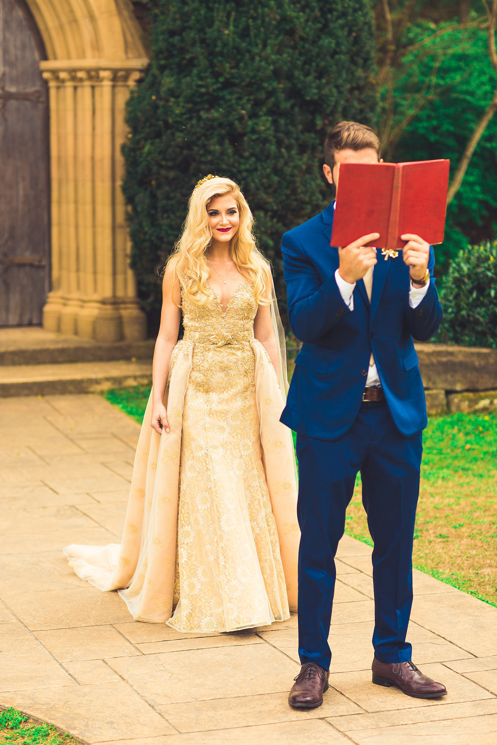 Wedding Photograph Of Groom reading a Book and Bride Walking Los Angeles
