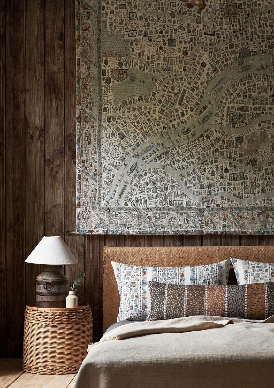 THE MAP Maxi Aqua Vita Panel - RAVI RIBBON Aqua Vita Cushions - ASHA STRIPE Cedar Smoke Bolster - Lewis and Wood