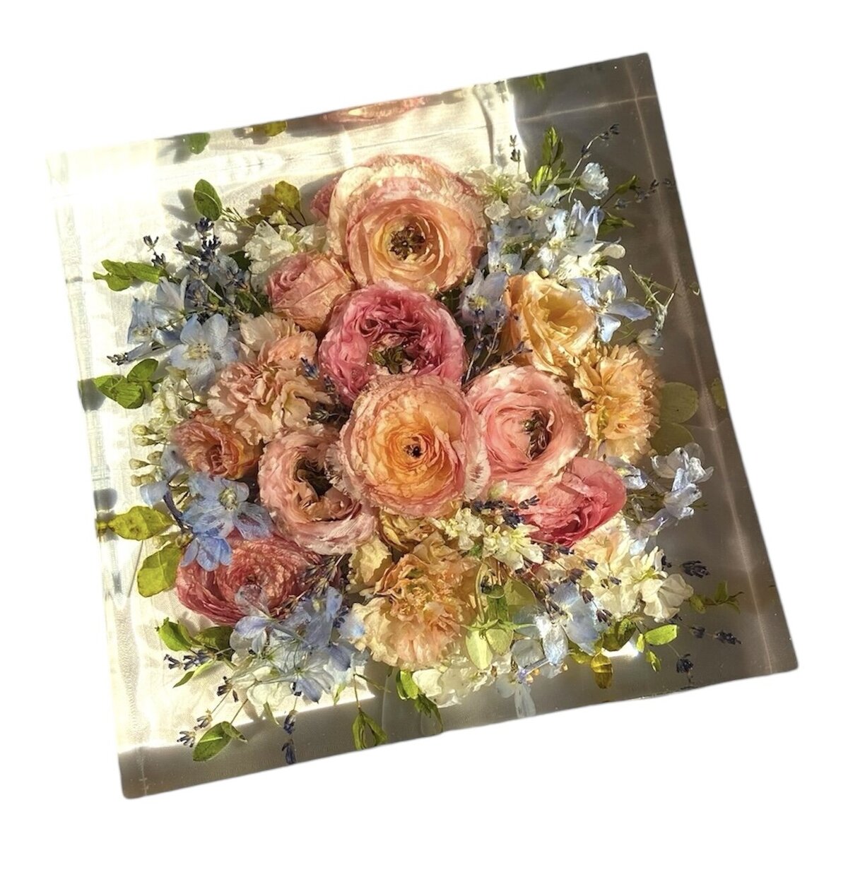 12x12 resin square with bright wedding bouquet flowers preserved as a timeless keepsake
