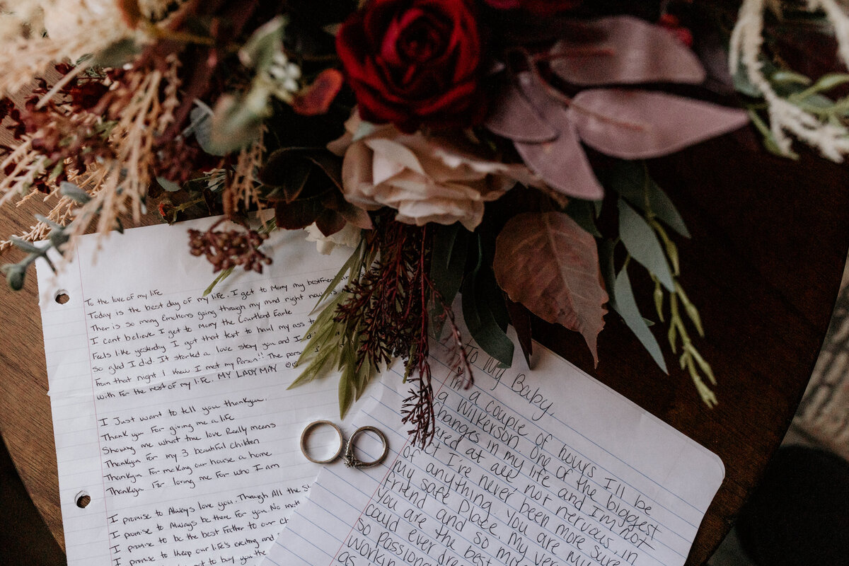 wedding bands laying on a table with handwritten vows