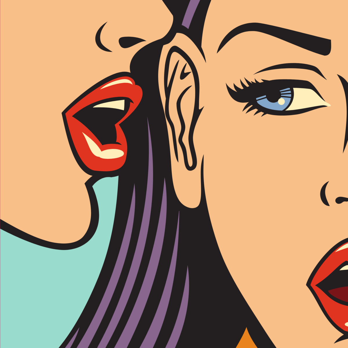 Woman whispering into another woman's ear.