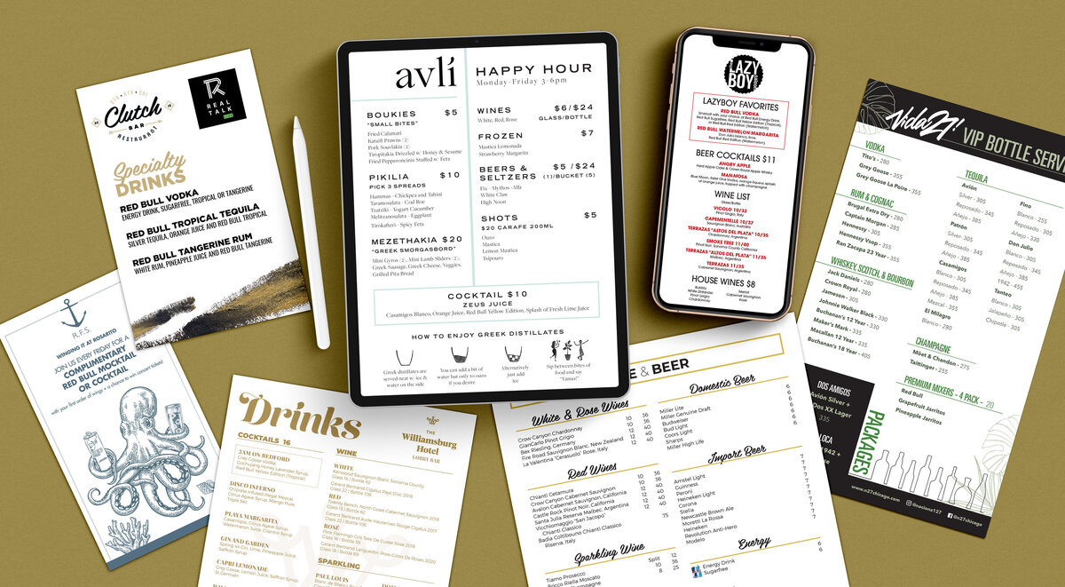 Multiple menu designs for restaurants featuring Red Bull drinks