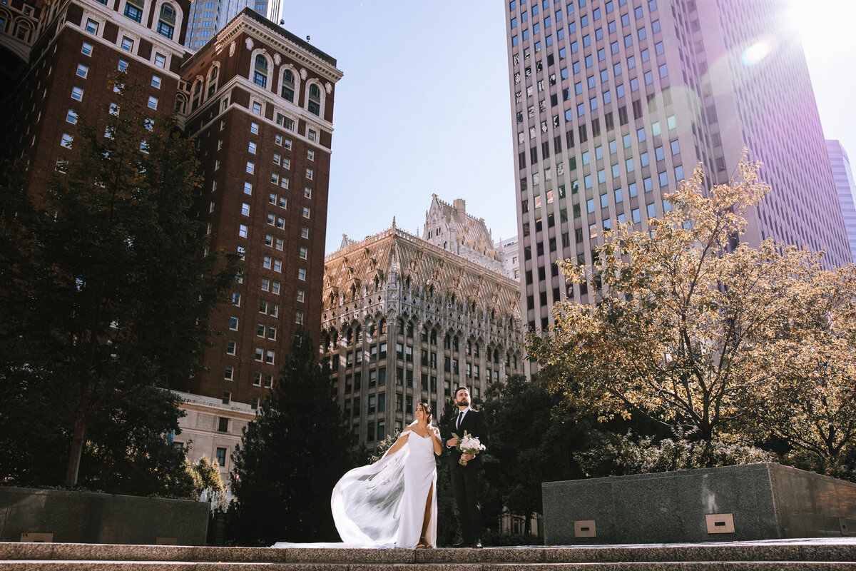 Bride and groom in Mellon Square wedding.
