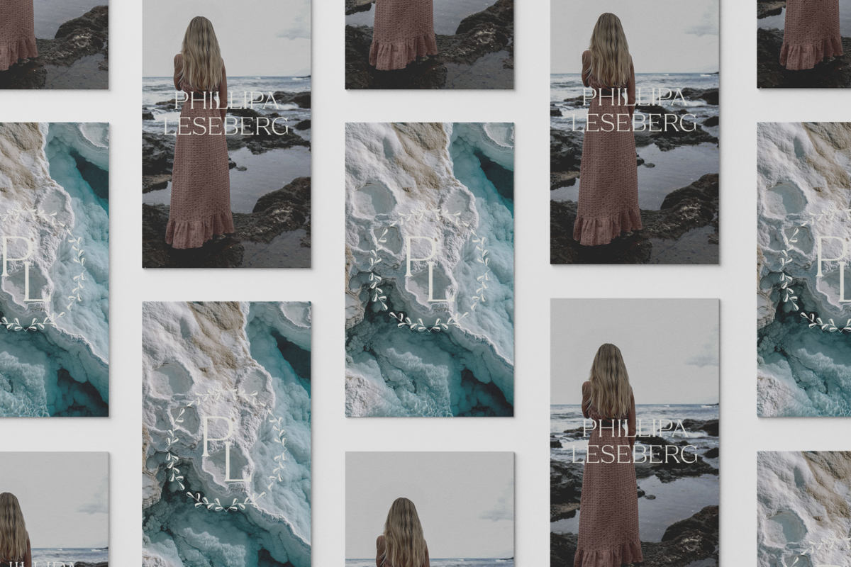 Multiple book covers are laid out, some featuring a woman in a brown dress facing the sea, and others displaying stylized initials “PL” over an icy blue natural background—showcasing the brand design expertise of Sweet Pea Ink Creative.