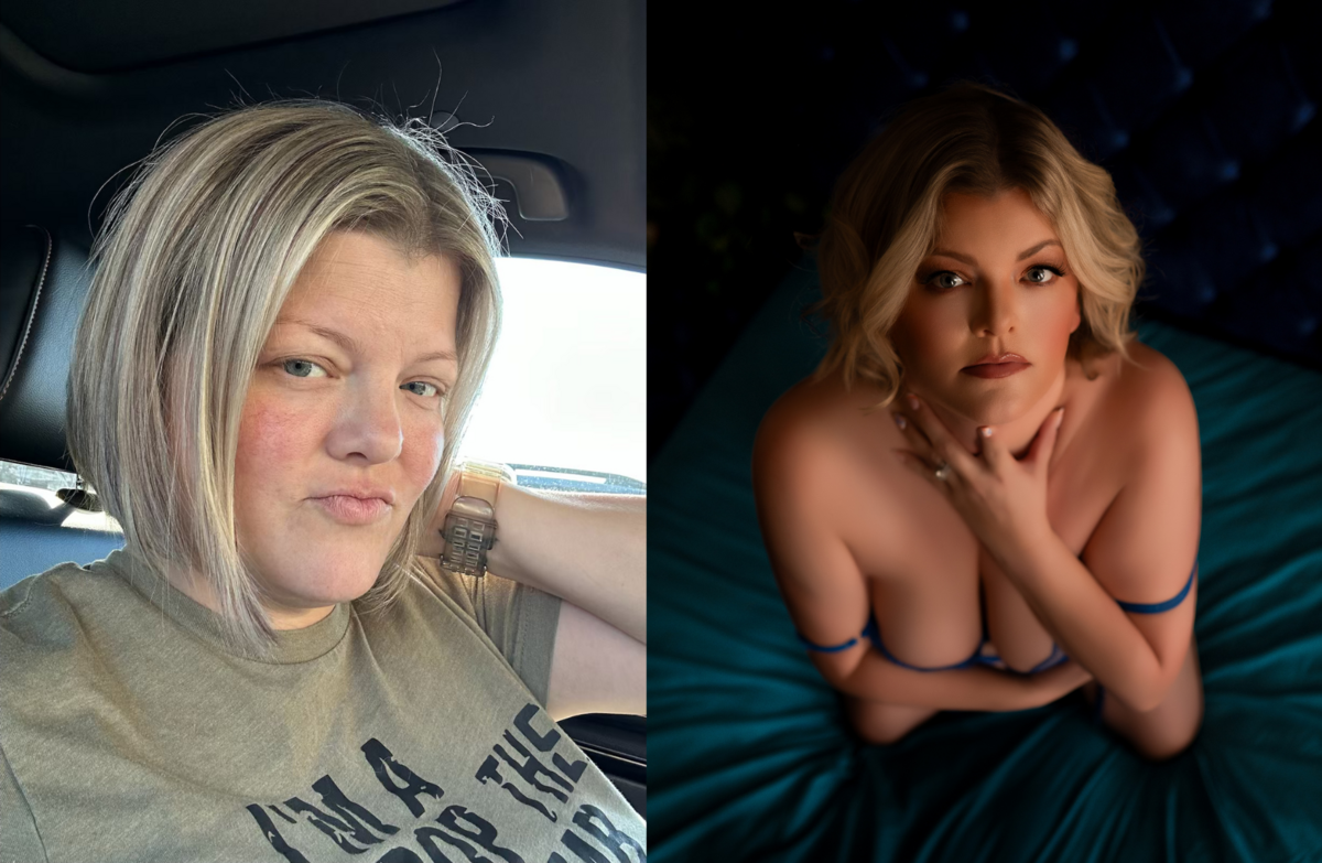 Before and after transformation showing hair and makeup from a BombShell Boudoir session