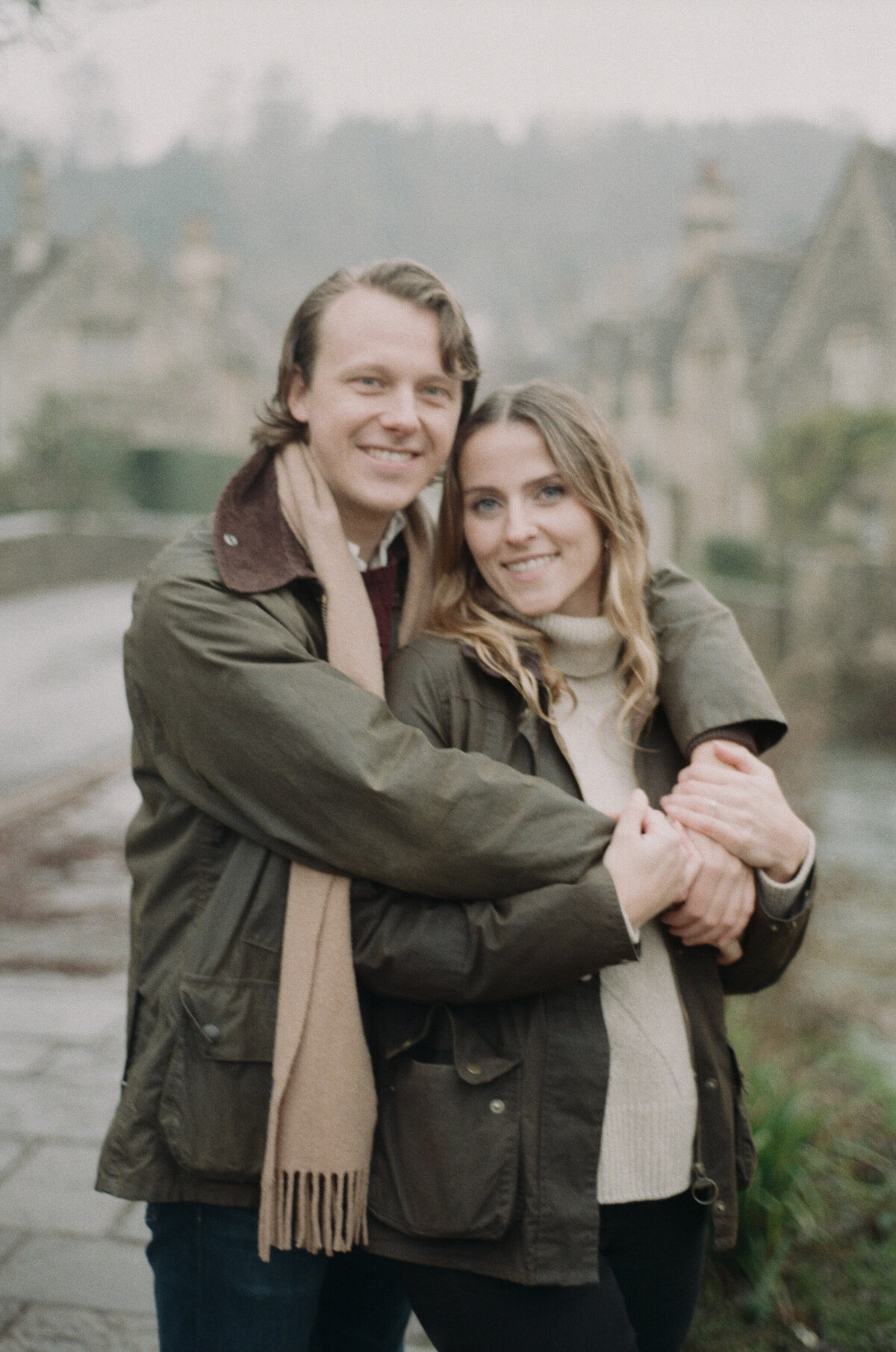 Engagement portraits in Castle Combe, Cotswolds captured on film