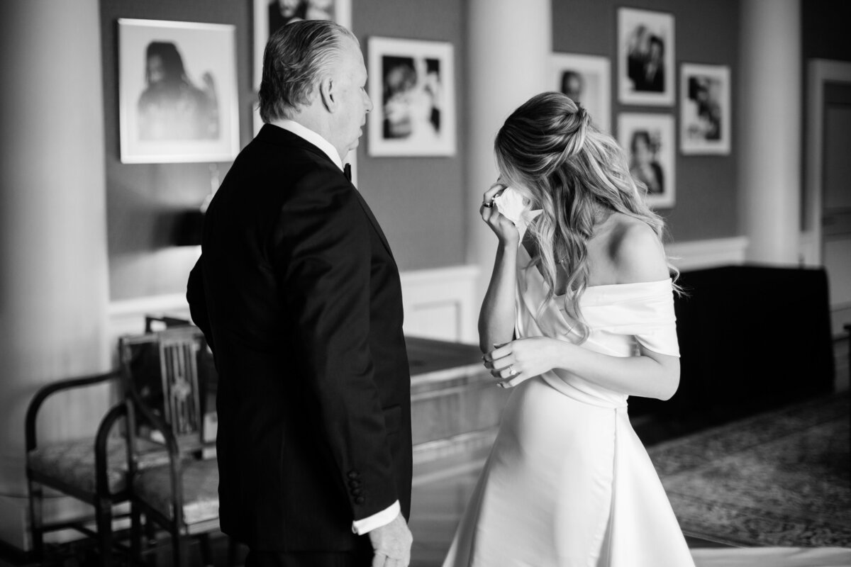 Bride crying after first look with dad