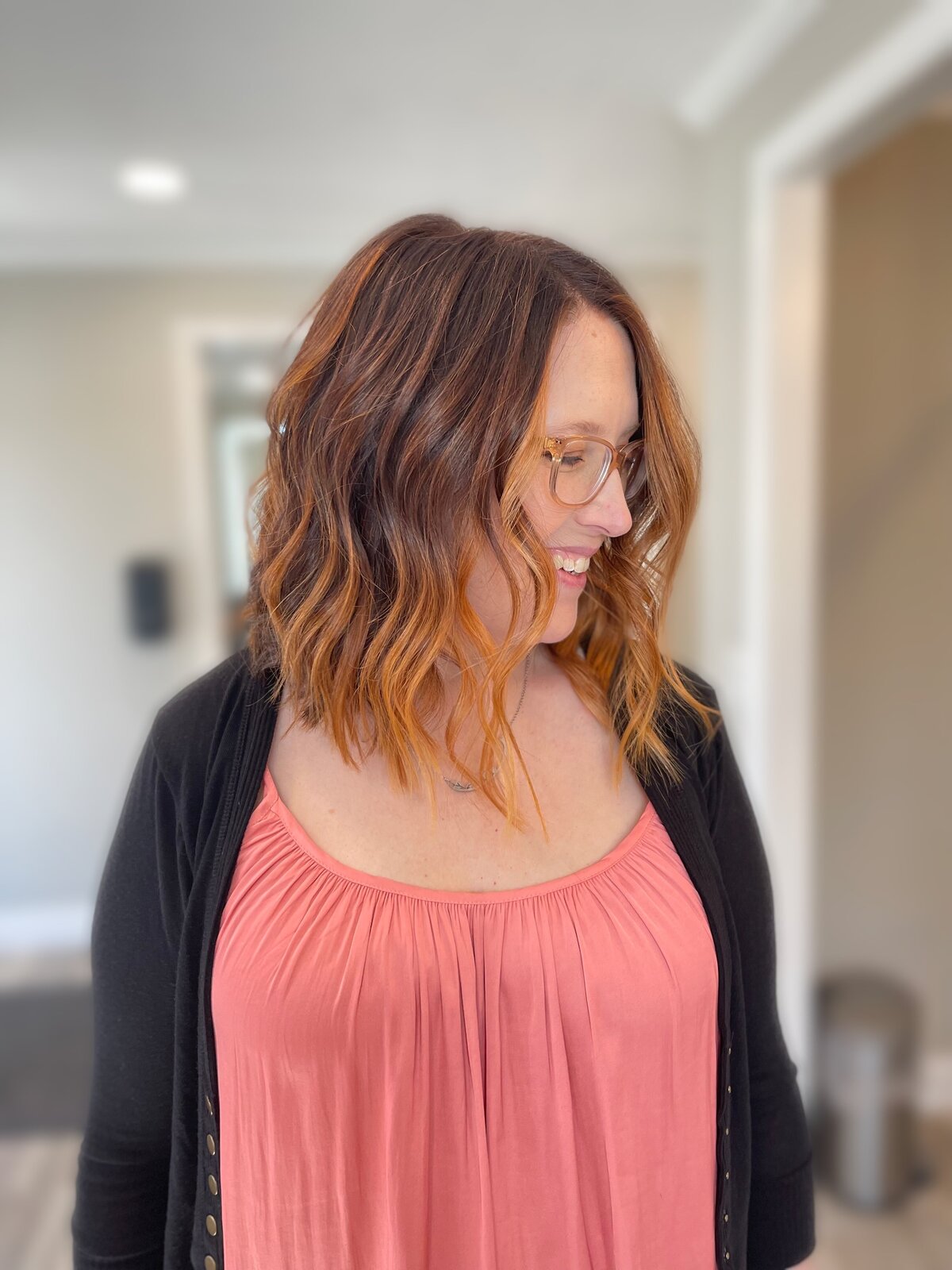 copper hair color with mid length angled bob