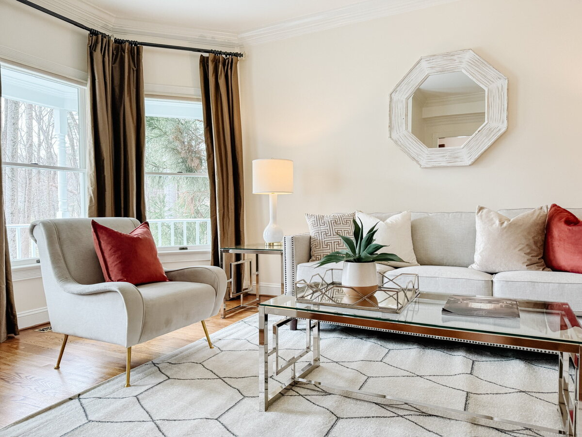 living room with red and white accents