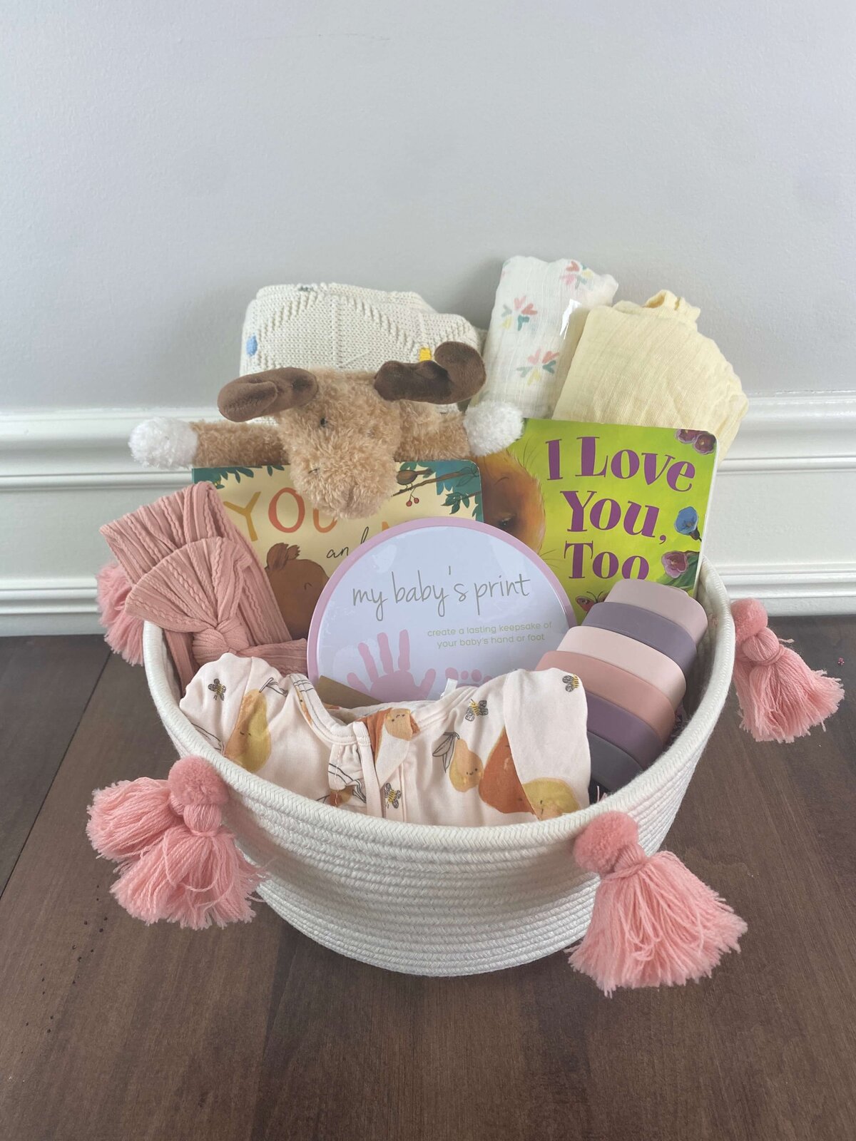New Baby Gift Basket with Books, Baby Toys and Essentials