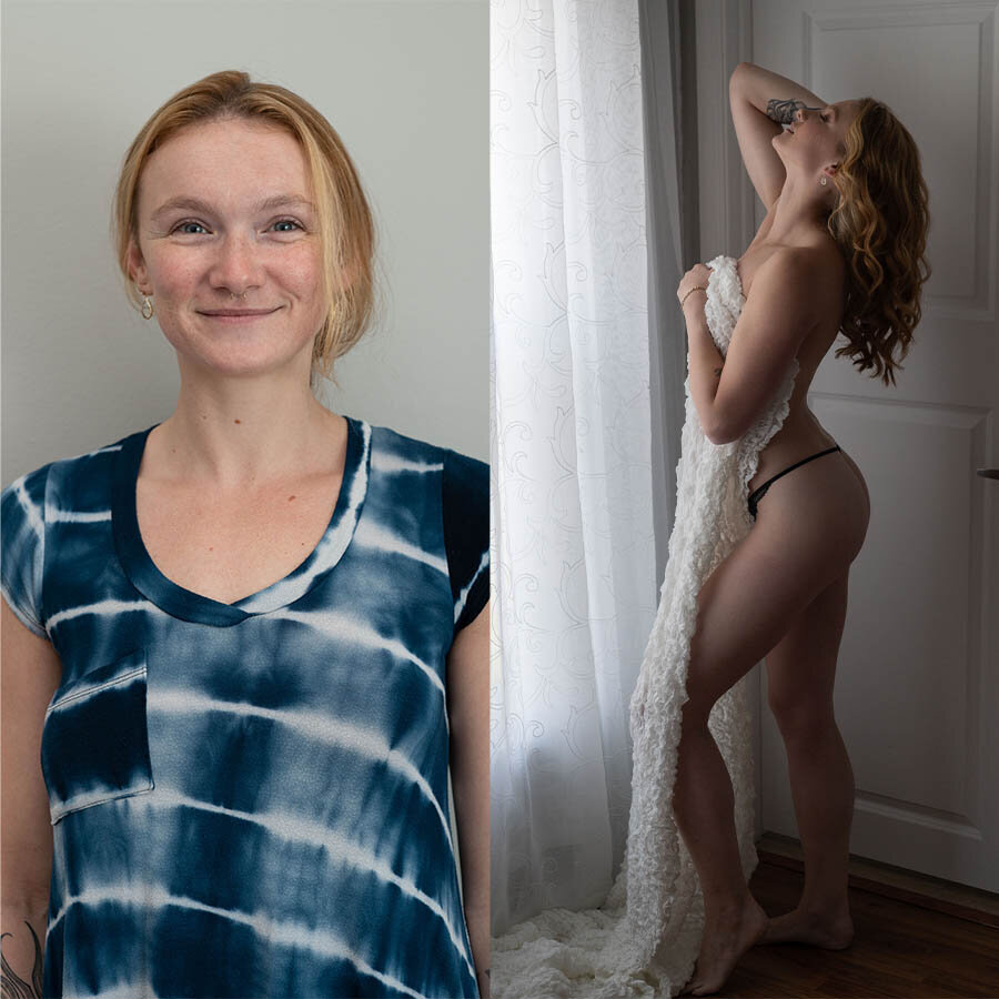 A before and after photo of a boudoir client at Khim Higgins Boudoir studio in Orlando.