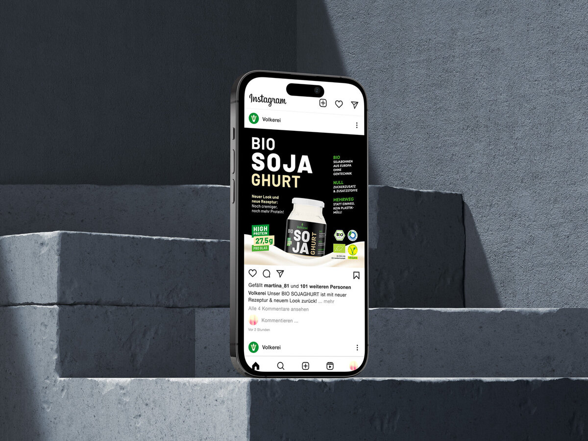 Social Media Design für Volkerei Bio-Sojaghurt – Markenkommunikation für nachhaltige Food Brand.