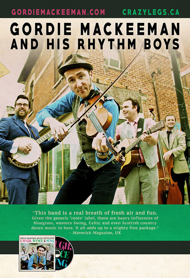 Band poster Gordie MacKeeman And His Rhythm Boys four members standing in front of brick building with instruments low angle lead singer leaning toward camera playing fiddle