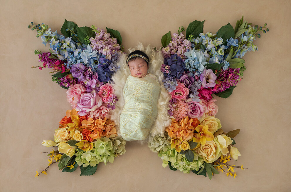 Newborn Photographer,  a baby is swaddled and surrounded by flowers resembling a butterfly