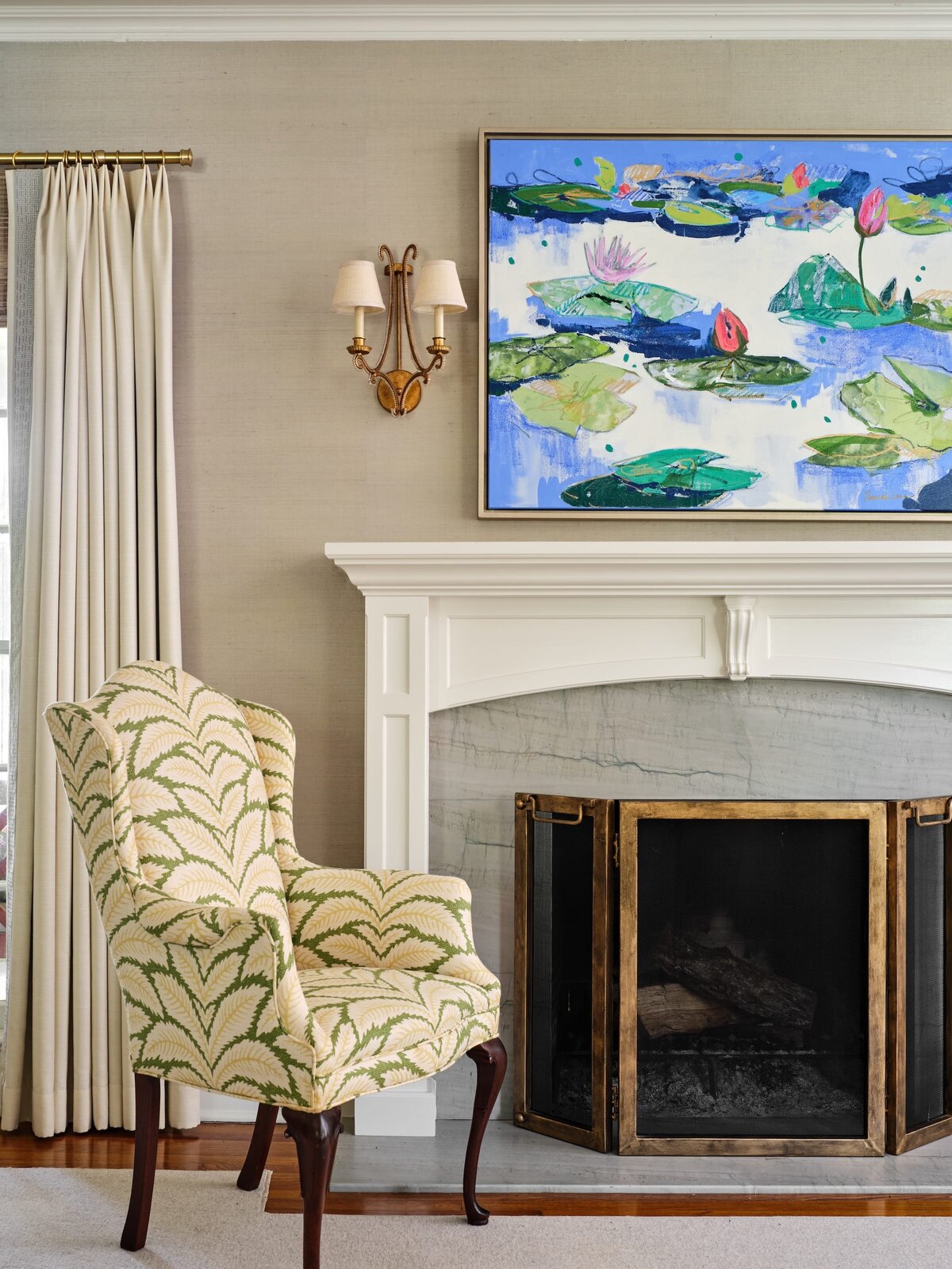 the keeping room interiors morningside fireplace with painting on wall