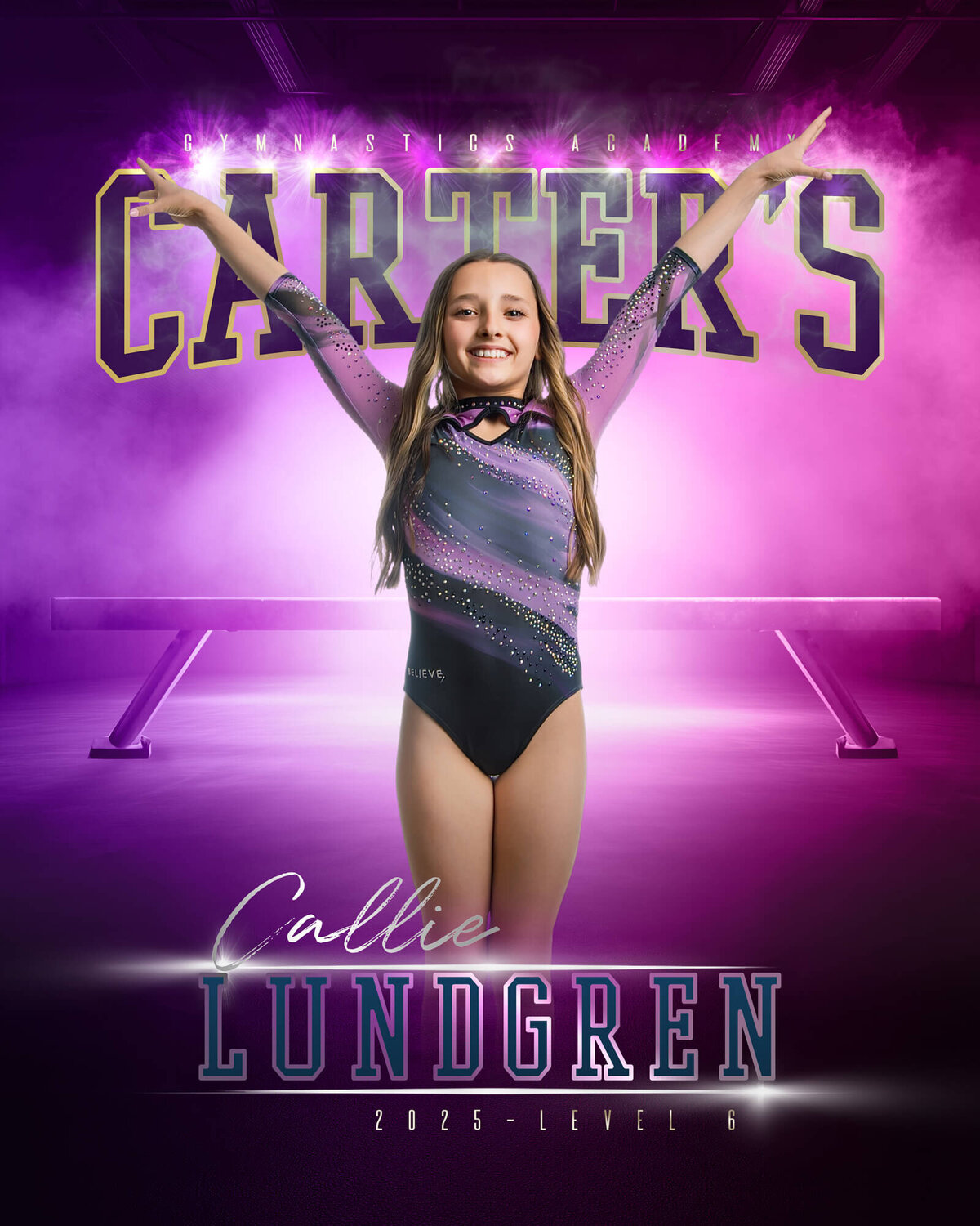 Proud gymnast in a purple and black leotard on a custom composite banner design in Las Vegas Nevada