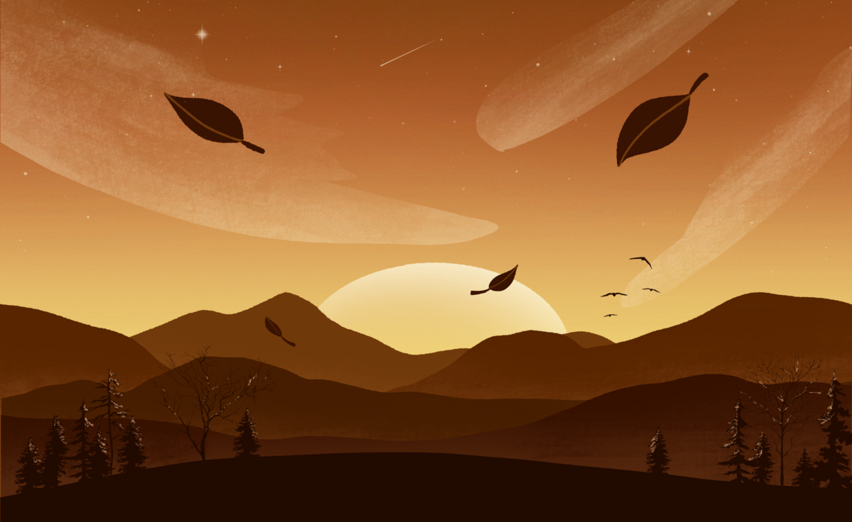 Digital illustration of a golden sunset with leaves and birds in the air