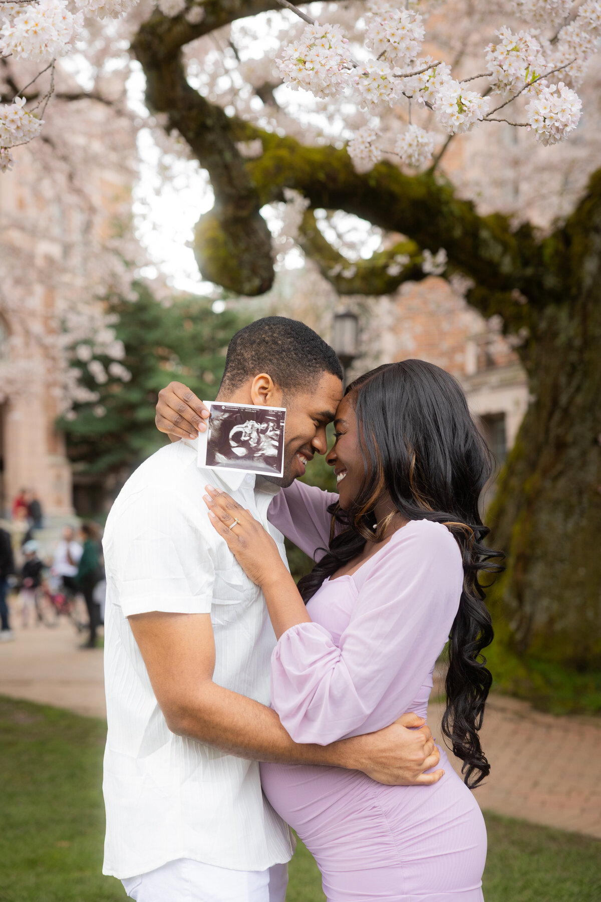 A touching moment as the couple stands together in front of the beautiful cherry blossoms at the University of Washington campus, embracing each other while proudly holding up their ultrasound scan, celebrating their growing family.