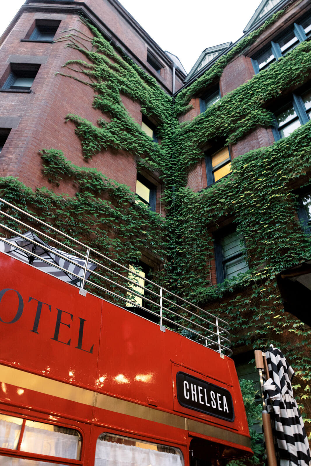 An Ivy-covered corner of The High Line Hotel in Chelsea, NYC. Image by Jenny Fu