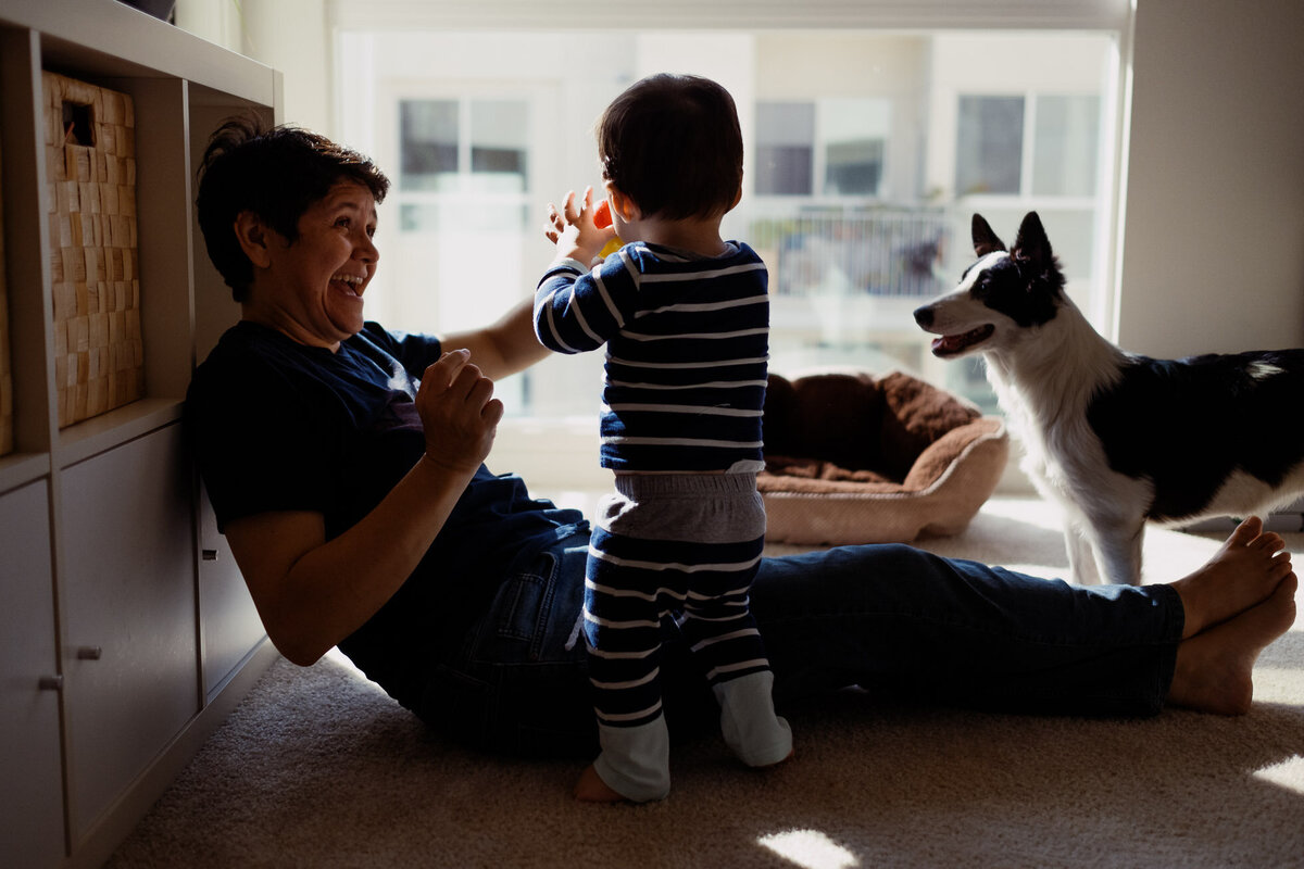mom plays with her son and dog