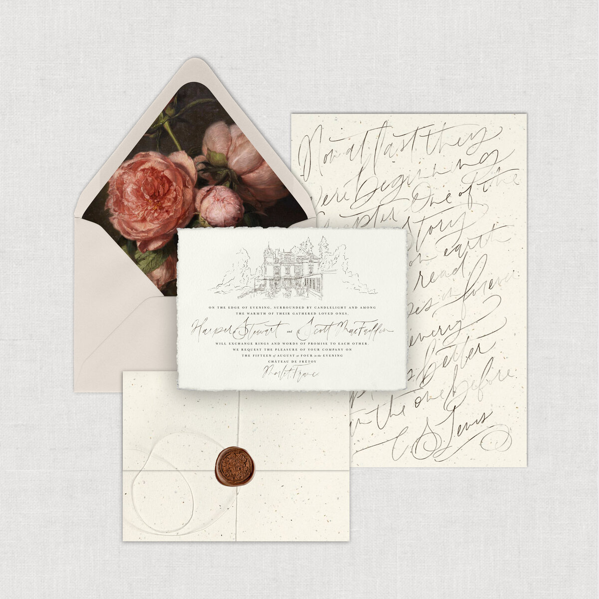 Romantic Italy Wedding Weekend Wedding Invitation with Italian venue illustration on handmade paper with wrapped with twine and a printed invitation wrap, and sealed with antique wax seal.