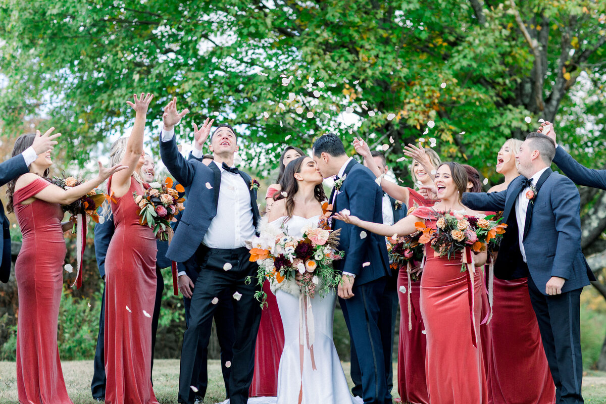 Red velvet bridal party gowns for a New Hampshire wedding