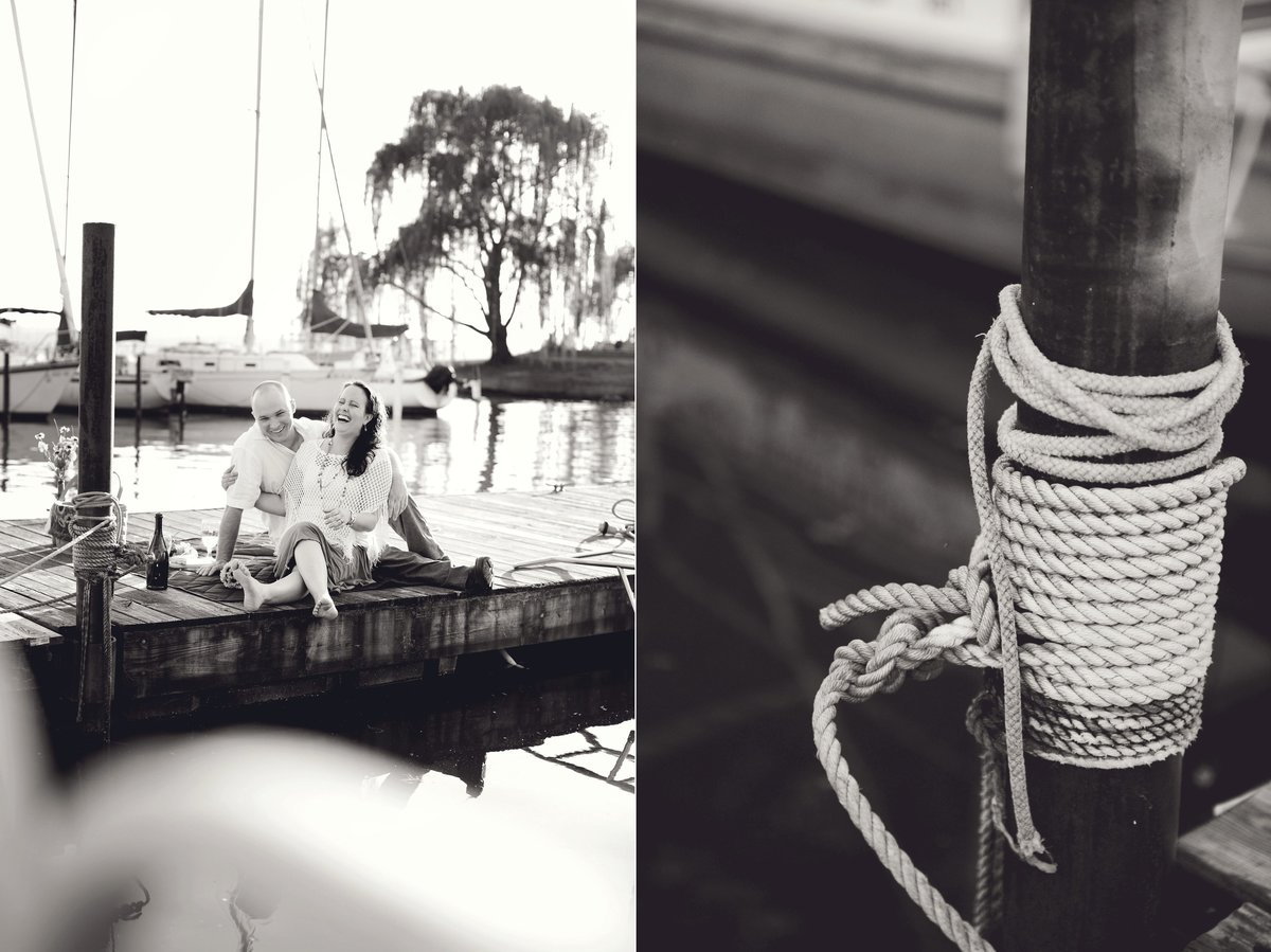 Couple having picnic during sailboat engagement session