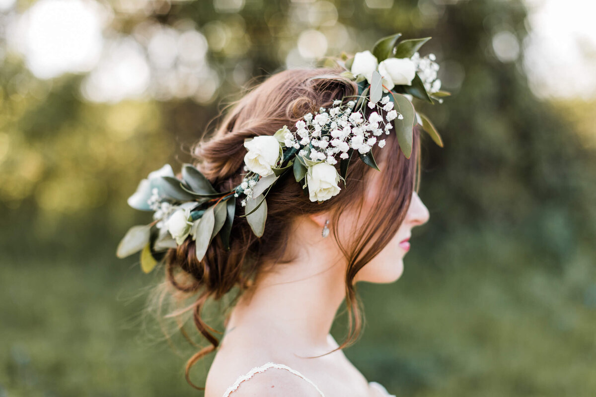 Flower crown bride photos outdoors