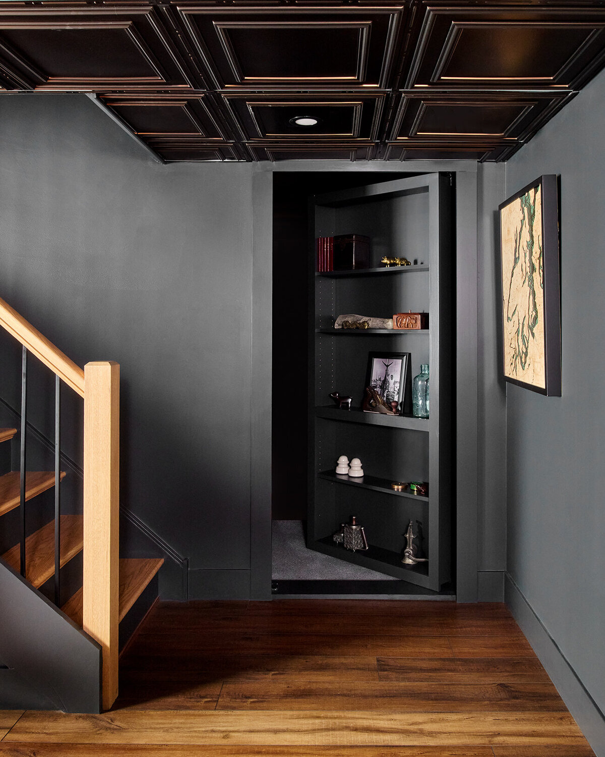 dark gray open shelf or hidden door leading to a secret room