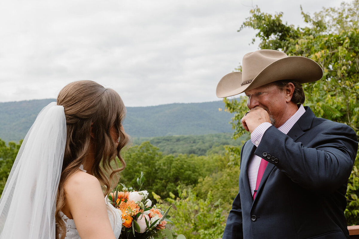 A person tearing up as they see someone in a wedding dress