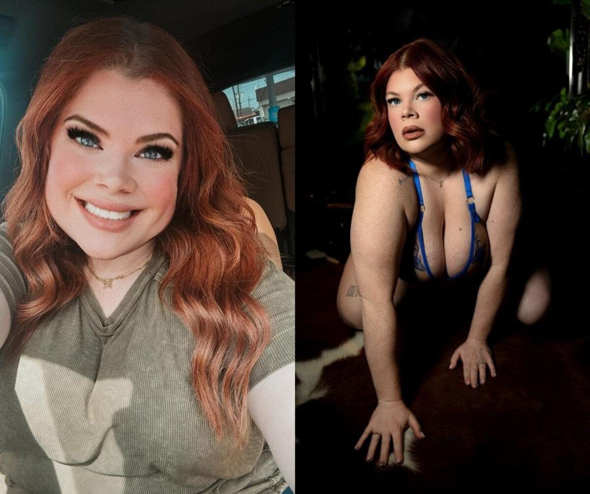 A woman with red hair smiles while sitting in a car next to her crawling on the floor in blue lingerie