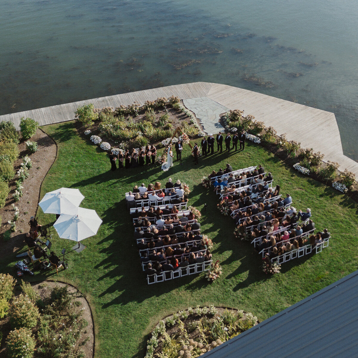 An aerial view of a wedding ceremony at The Lake House on Canandaigua