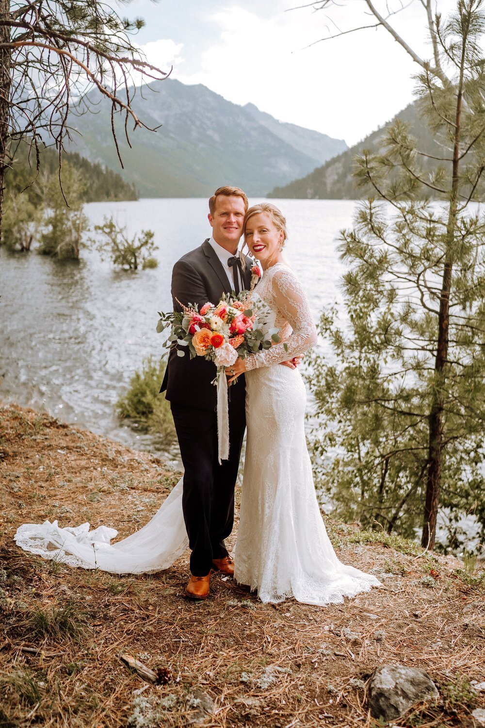 Bride and groom lake wedding portrait