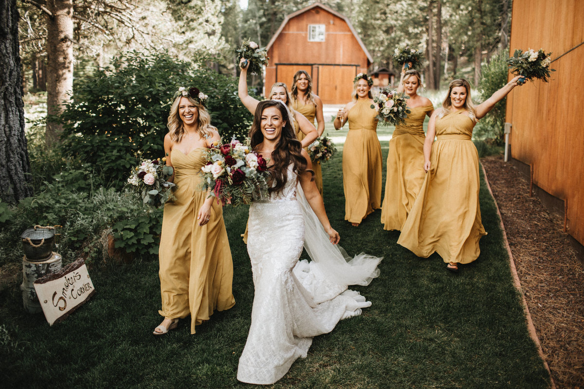 Tahoe Wedding Planners maids wearing mustard dresses at summer wedding venue Mitchell's Mountain Meadows Sierraville near Truckee, Joy of Life Events image by Lukas Koryn 2