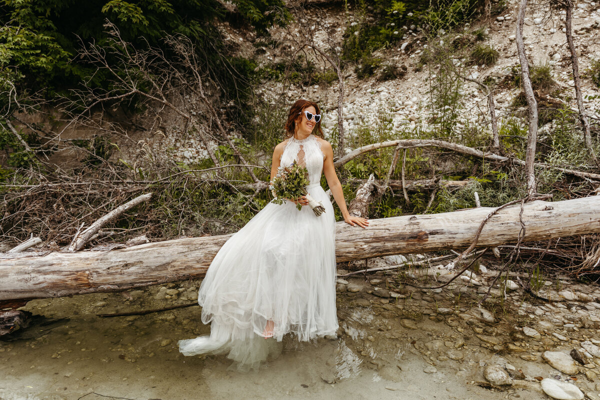 wedding dresses in Soča Valley river elopement