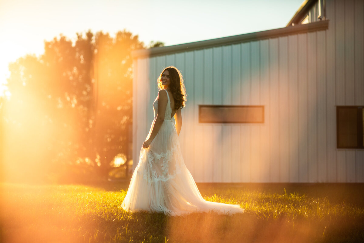 Bridal gown catching sunset on the Lake