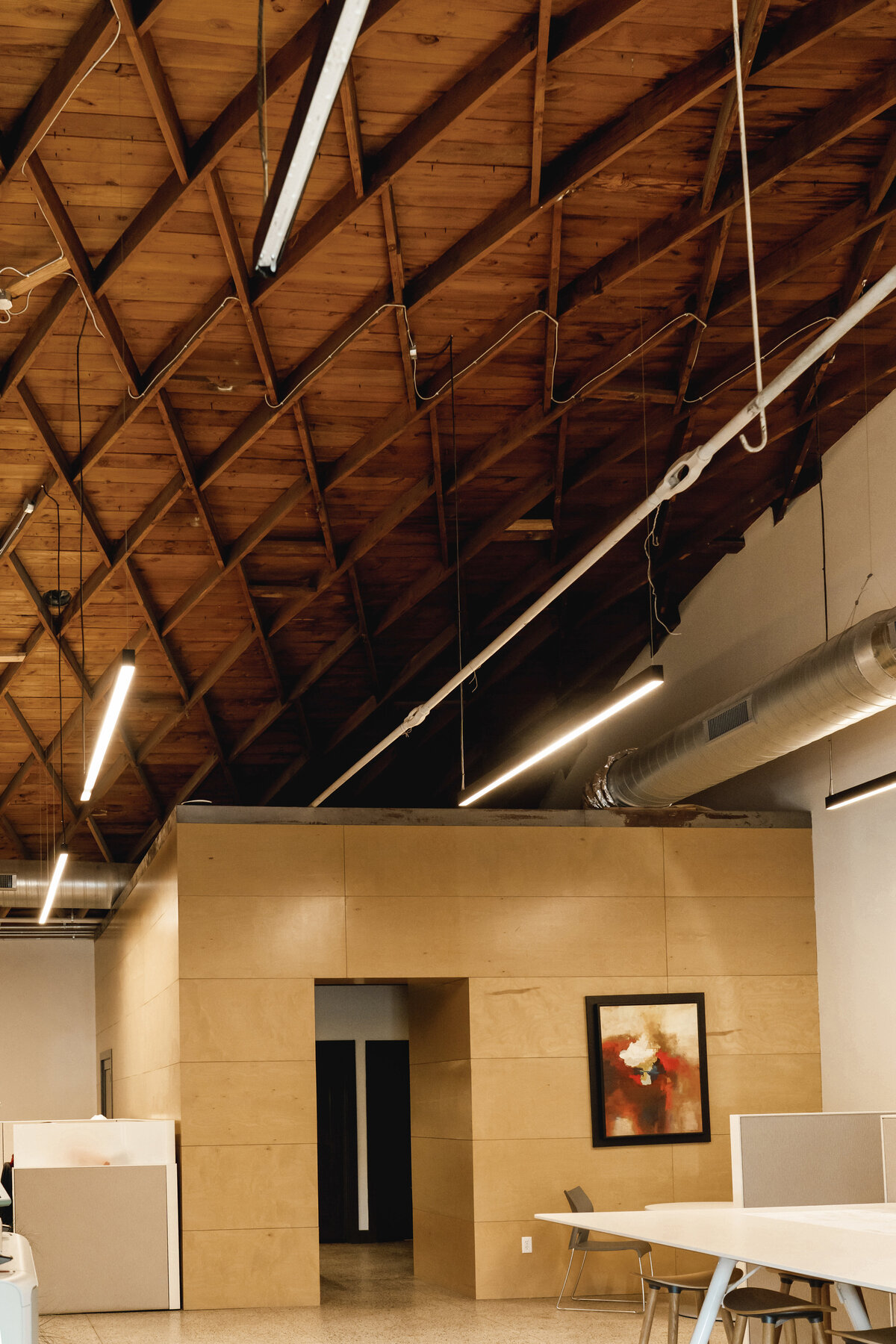 plywood feature wall inside renovated office building with tall wood ceilings and linear light fixtures