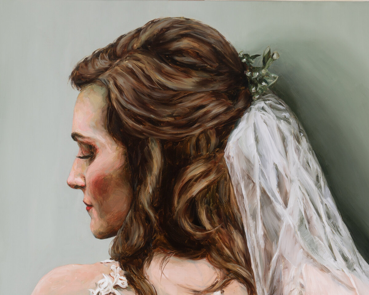 Sara's wedding painting featuring her delicate veil and flower crown. Painted at the Wild Carrot wedding venue.