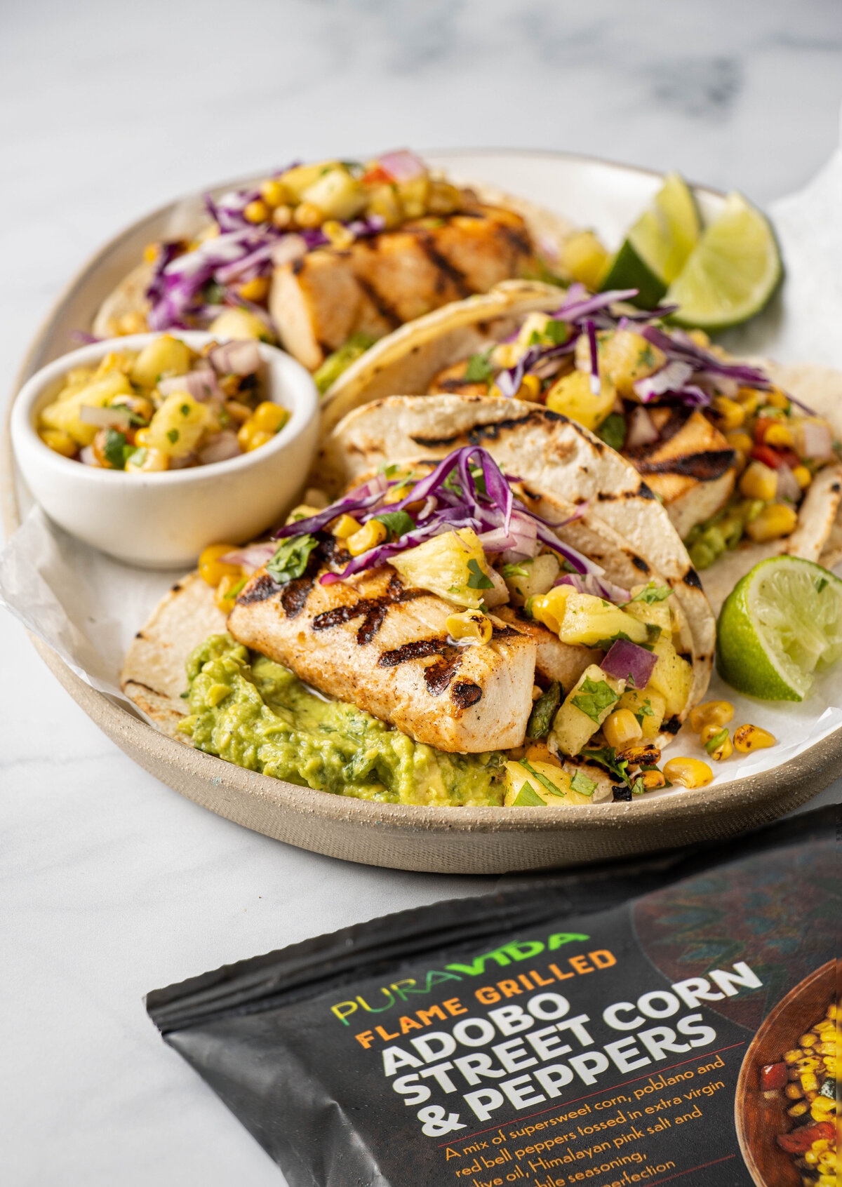 mahi mahi tacos with PuraVida adobo corn