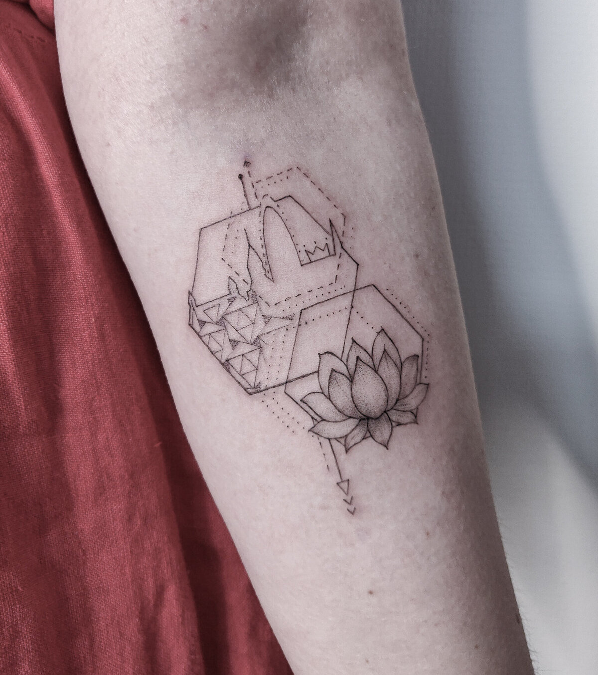 London skyline tattoo, lotus tattoo, fine line tattoo, dotwork tattoo