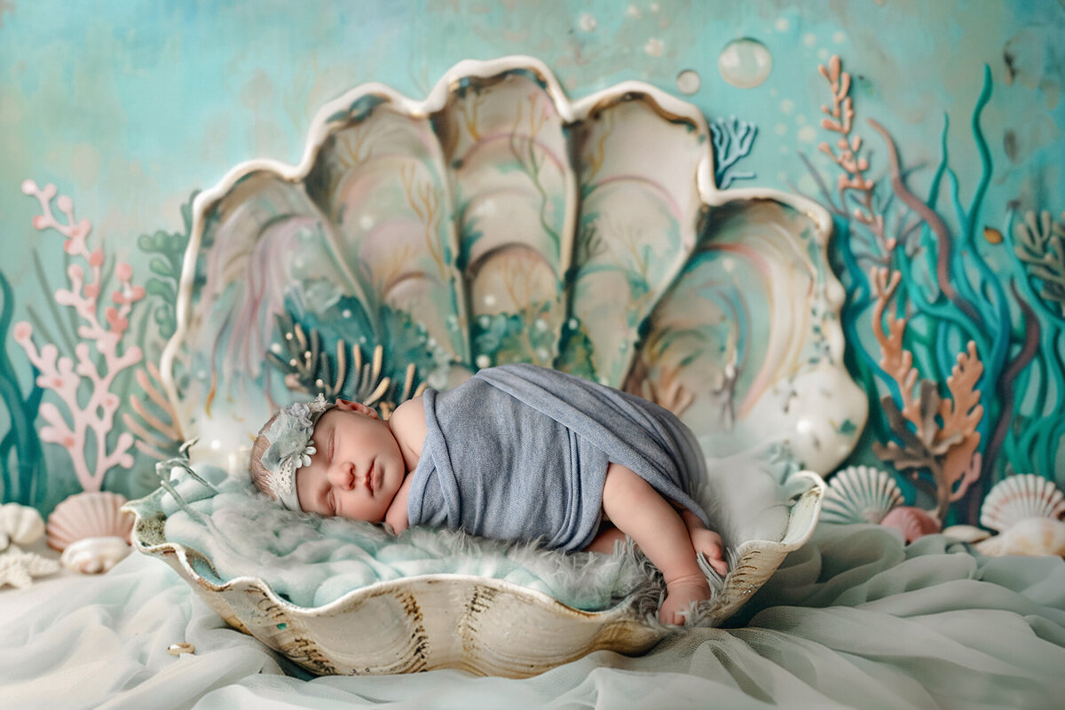 Newborn baby sleeps while laying on side in a large blue seashell