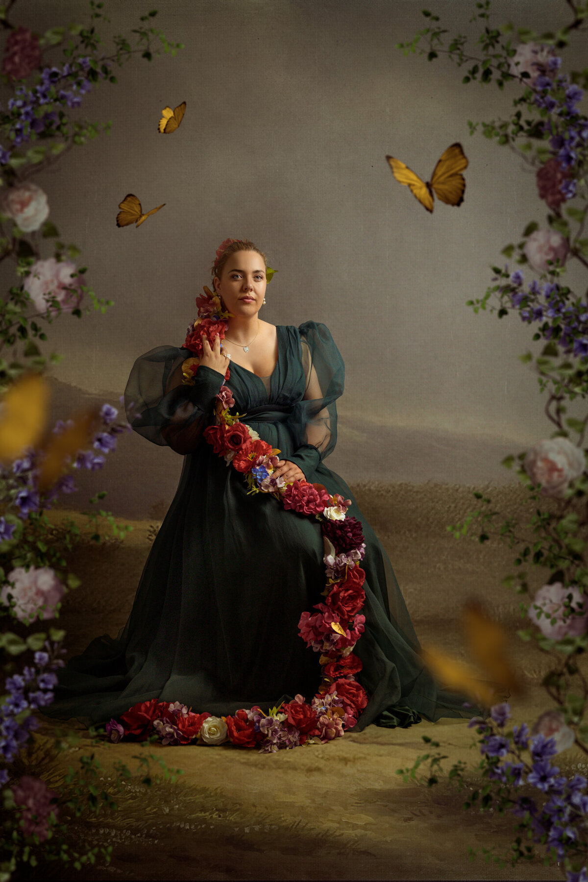 Studio Ace Photography Zaltbommel fine art portret van dame in groene jurk met een bloemenvlecht en een schilderachtige achtergrond